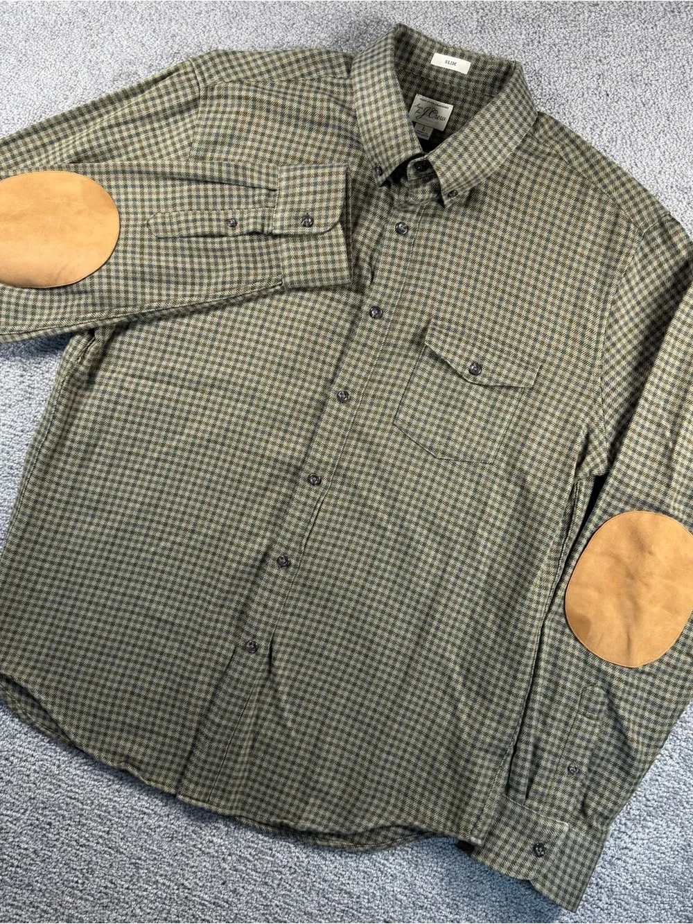 J Crew Houndstooth Flannel Shirt Mens Large Olive Green Plaid Elbow Patches Slim